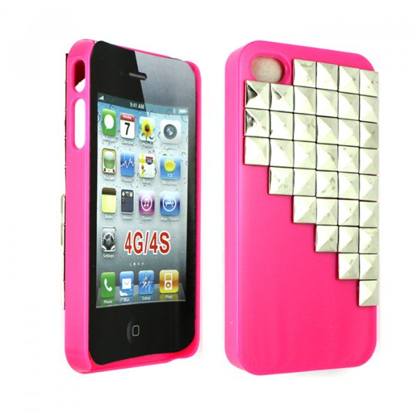 Wholesale iPhone 4 4S 3D Pyramid Studs Case (Silver - Pink)